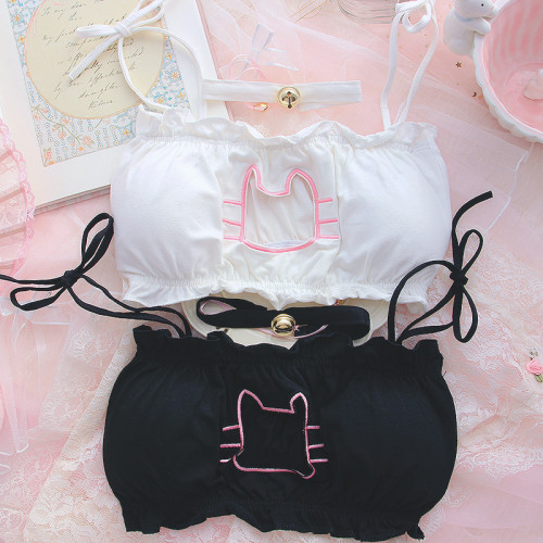 Japanese Anime Cosplay Cute Cat Hollow Out Sexy Open Chest Lace-up Underwear Set Sukumizu Soft Girl Strapless Lingerie Set