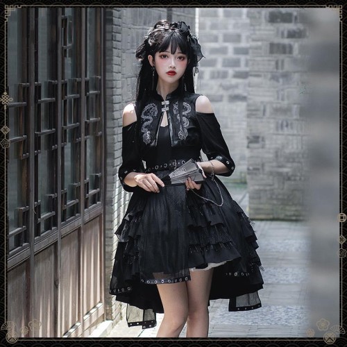 Gothic Style Off Shoulder Half Sleeve Embroidery Dragon Print Lolita JSK Dress