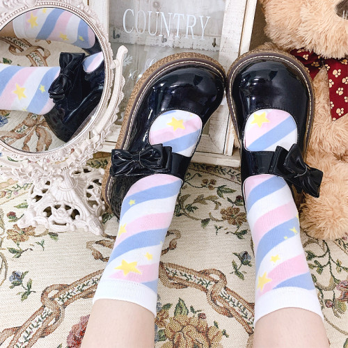 Cute Girl Lolita Starry Sky Multicolored Striped Cotton Socks