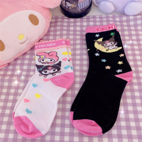 Sweet Heart Melody Kuromi with Star Black and Pink Cute Socks