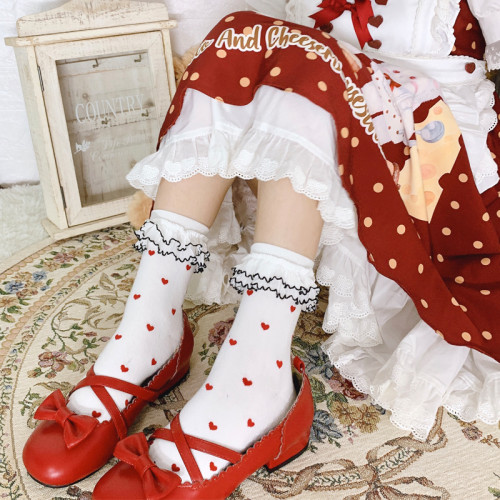Sweet Girl Heart Print Lace Ruffle Cotton Casual Socks