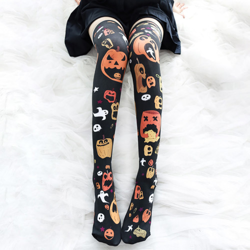 Ghost and Little Devil Pumpkin Print Thigh High Socks