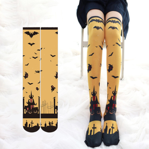 Bat and Witch Halloween Limited Print Over the Knee Velvet Stockings