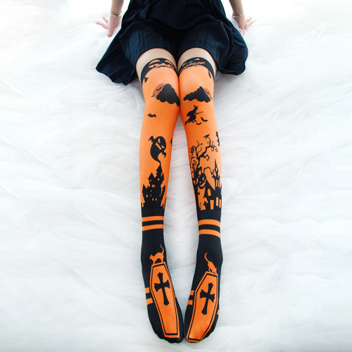 Devil Night Ghosts and Cross Pumpkin Print Halloween Thigh High Socks