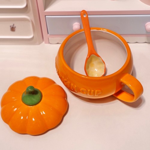 Cute Pumpkin Ceramic Mug With Lid Halloween Decoration Cereal Bowl
