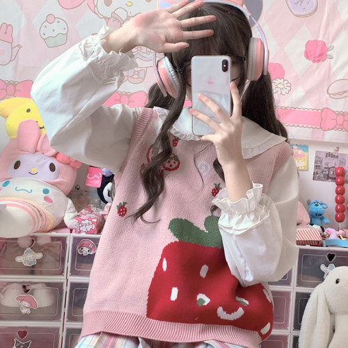 Cute Strawberry Print Sweet Girl Soft Pink Knit Sweater