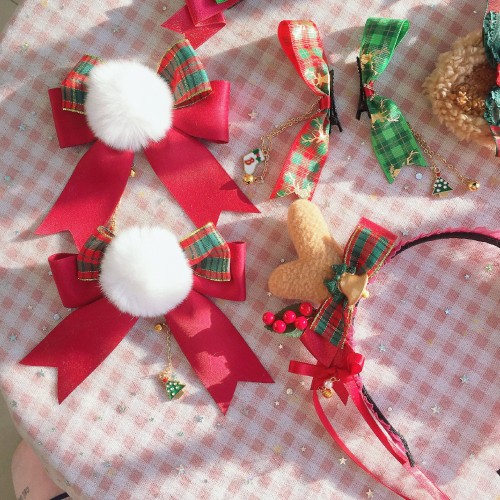 Sweet Girl Lace Plaid Lolita Headband Reindeer Antler Hair Hoop Hair Clip Lolita Accessories Rattan Handbag for Christmas