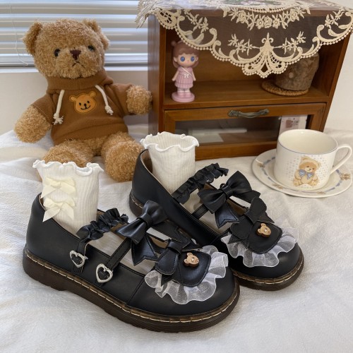 Sweet Lolita Lace and Bear Bowknots Pleated Straps Platform Mary Jane Flat Shoes