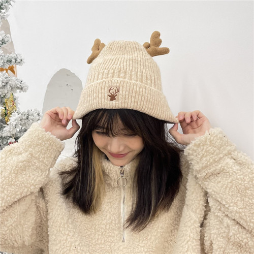 Cute Reindeer Antlers Knitted Hat Soft Warm Beanie Cap