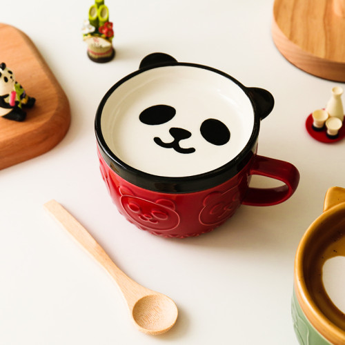 Cute Cartoon Panda Shiba Inu and Lovely Kitten Ceramic Mug with Wooden Spoon
