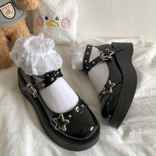 Gothic Lolita Shoes Platform Buckle Strap with Stars Mary Janes Flat Shoes Harajuku Fashion