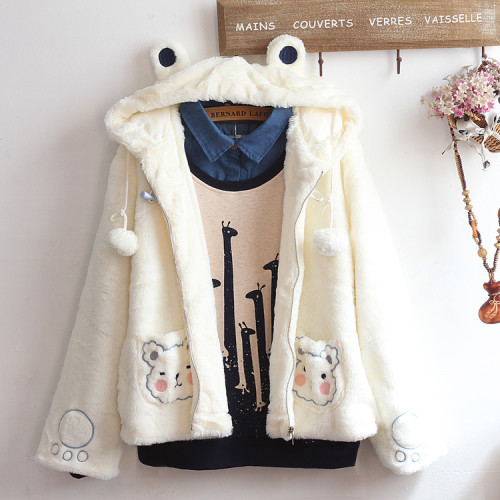 Cute Bunny Ears Embroidered Soft Cotton Winter Hoodie Kawaii Plush Warm Coats