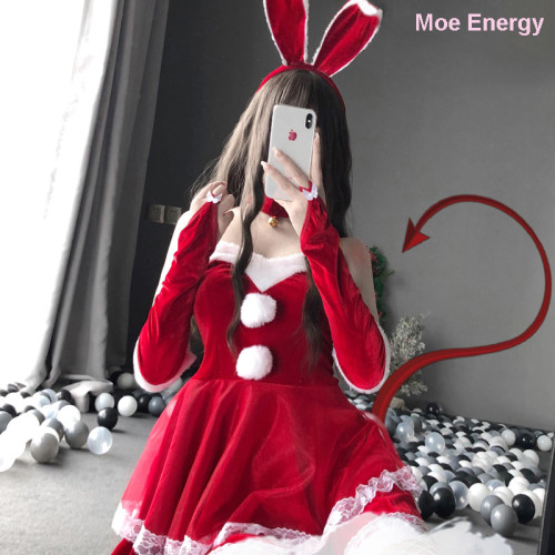 Cute Bunny Girl Cosplay Costume Outfit Set for Christmas Velvet Lace Dress