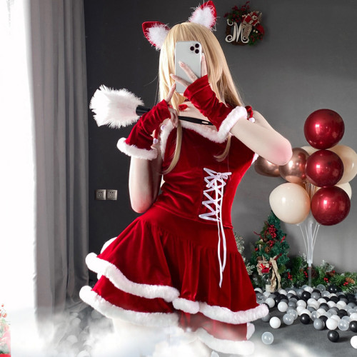 Sweet Santa Girls Red Velvet Sleeveless Mini Dress Christmas Costume Set