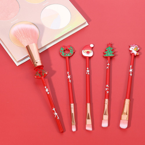 5 Pcs Christmas Makeup Brushes Set Cute Santa Xmas Tree for Gift
