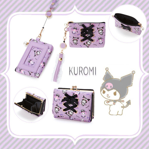 Kawaii Kuromi Mini Flap Wallet Cute Purple Purse with Bowknots Design