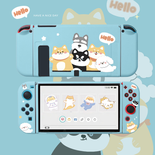 Kawaii Animals Cute Bear Cat Shiba Inu and Lovely Dogs Portable Travel Case with Soft TPU Protective Case Cover Compatible with Nintendo Switch