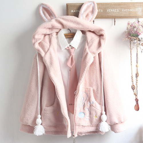 Cute Bunny Print Lapel Fleece Fuzzy Faux Sherpa Zipper Coats Winter Warm Outwear