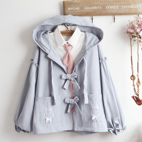 Bunny Embroidery Cardigan Hooded Coat Sweet Girl Style Loose Bowknot Jacket