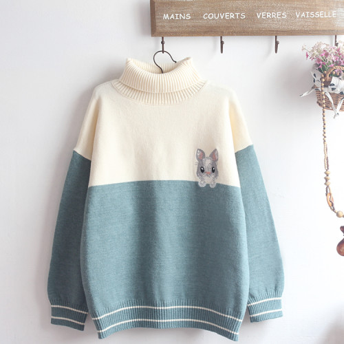 Cute Bunny Embroidery Color Block Turtleneck Knitted Sweater Long Sleeve Casual Pullover