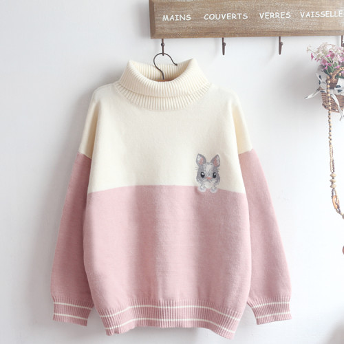 Cute Bunny Embroidery Color Block Turtleneck Knitted Sweater Long Sleeve Casual Pullover