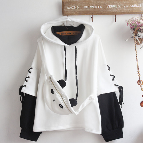 Black and White Panda Hoodie Warm Winter Pullover Hooded With Cute Zipper Bag