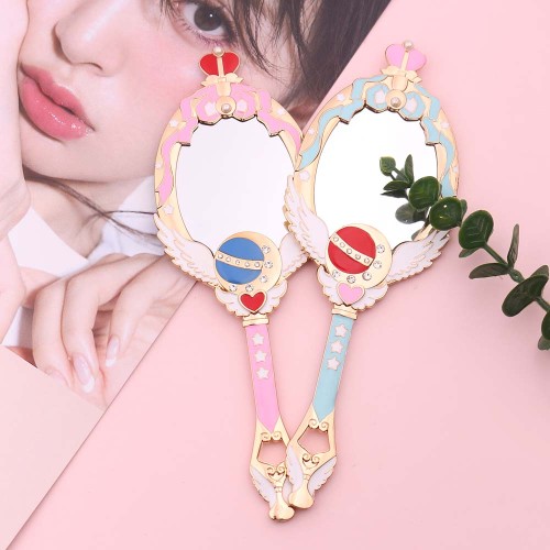 Anime Sailor Moon Metal Oval Hand Held Makeup Mirror Ladies Girl Crown Mirror Beauty Dresser Red Blue Makeup Mirror With Crystal