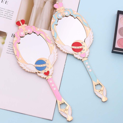 Anime Sailor Moon Metal Oval Hand Held Makeup Mirror Ladies Girl Crown Mirror Beauty Dresser Red Blue Makeup Mirror With Crystal