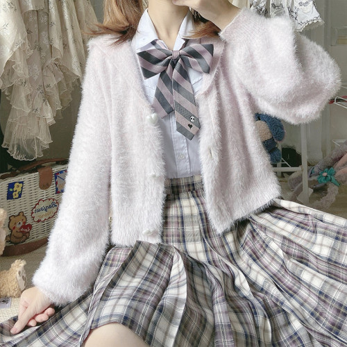 Kawaii V Neck Short Knitted Cardigan Solid Color Long Sleeve Sweater with Heart Shaped Button