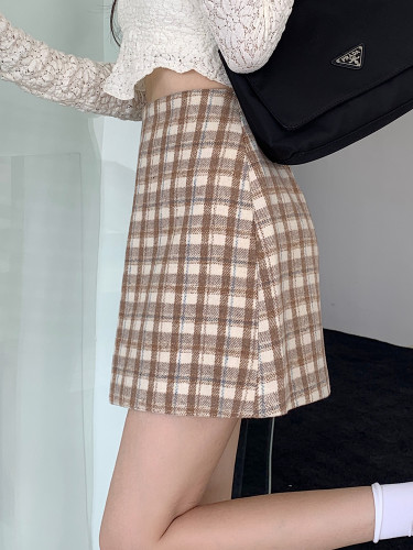Casual Plaid High Waist A-Line Wool Bodycon Mini Skirt