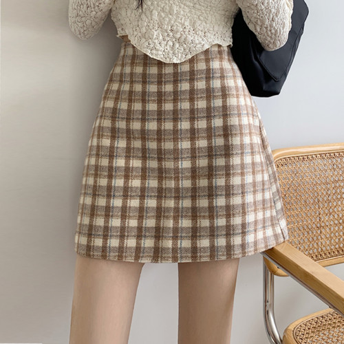 Casual Plaid High Waist A-Line Wool Bodycon Mini Skirt