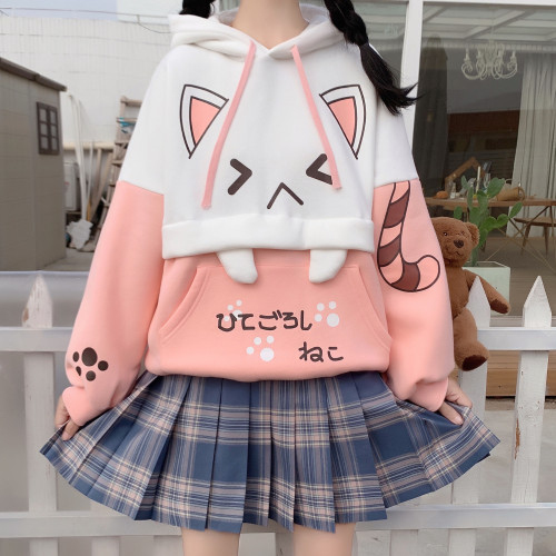 Cute Cat Printed Plush Long Sleeve Winter Hoodie