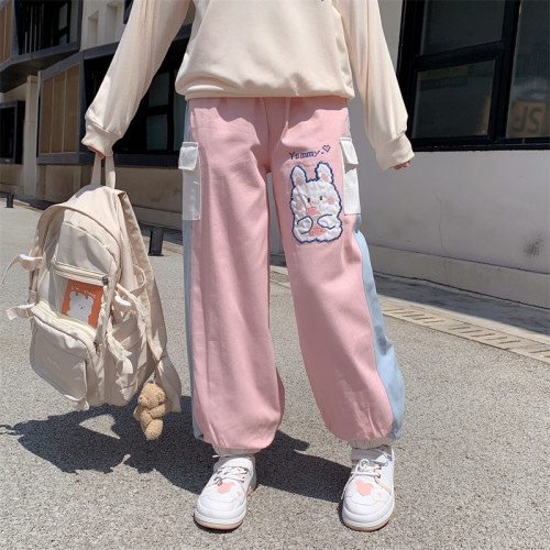 Kawaii Bunny Embroidered Pink Casual Pants Light Blue Side Stripe