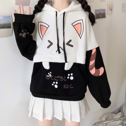 Cute Cat Printed Plush Long Sleeve Winter Hoodie
