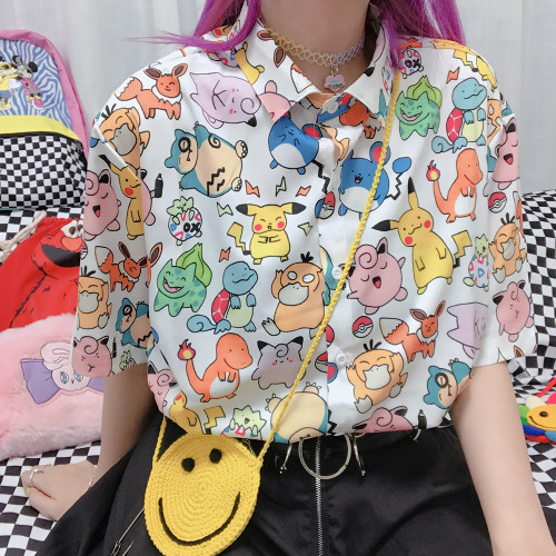 Harajuku Style Kawaii Pokemon Printed Chiffon Summer Loose Short-sleeved Shirt