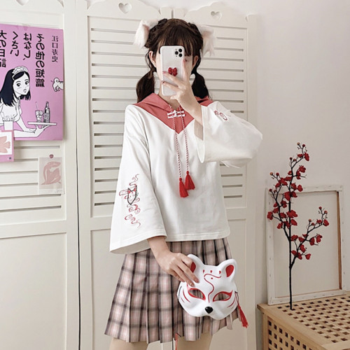 Cute Fox Embroidered Chinese Frog Button with Tassels Long Sleeve Spring and Summer Hoodie