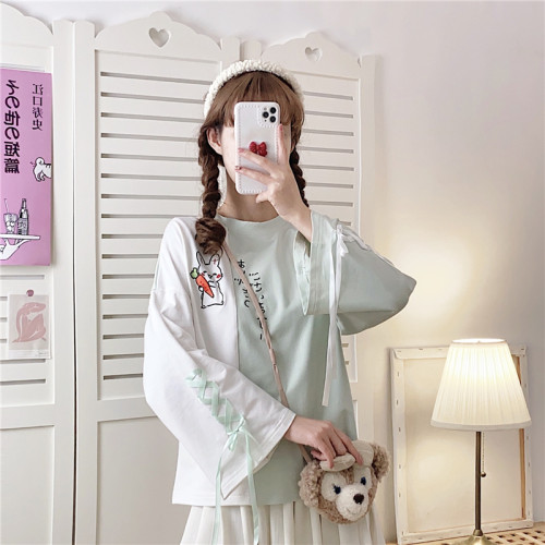 Sweet Girl Style Cute Bunny Embroidered Long Sleeve Spring Sweatshirt with Ribbon