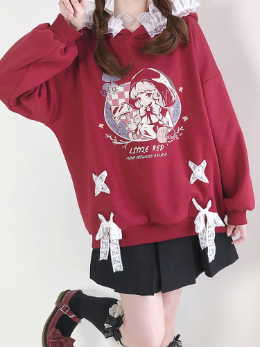 Anime Girl Little Red Riding Hood with Ruffled Lace Straps Bowknot Loose Hoodie
