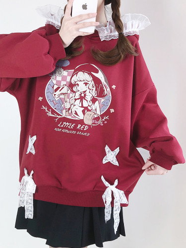 Anime Girl Little Red Riding Hood with Ruffled Lace Straps Bowknot Loose Hoodie
