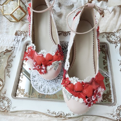 Sweet Strawberry Ankle Strap Pumps Cute Lace Plaid Bowknot Chunky Heel Round Toe Lolita Shoes Handmade Wedding Dress Shoes