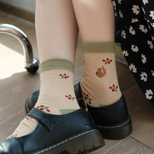 Squirrels in the Forest Kawaii Embroidered Knitted Cotton Socks