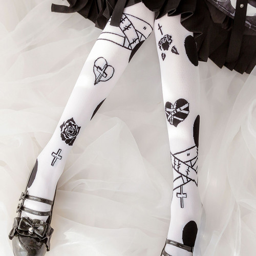 Gothic Style Heart Shaped Cross and Rose Knitted Stockings Harajuku Fashion Lolita Pantyhose