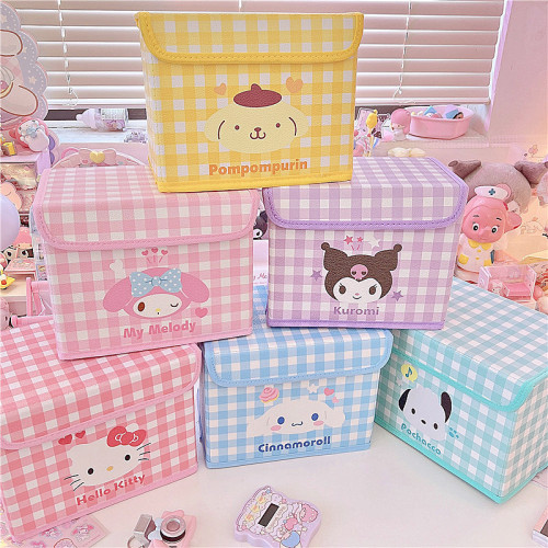 Cute Melody Cinnamoroll Kuromi Pom Pom Purin Hello Kitty Pochacco Plaid Printed Clamshell Storage Box