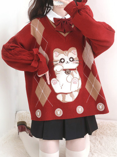 Kawaii Lucky Cat Embroidered V-Neck Knitted Sweater Long Sleeve Argyle Pullover