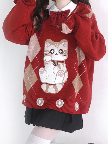 Kawaii Lucky Cat Embroidered V-Neck Knitted Sweater Long Sleeve Argyle Pullover