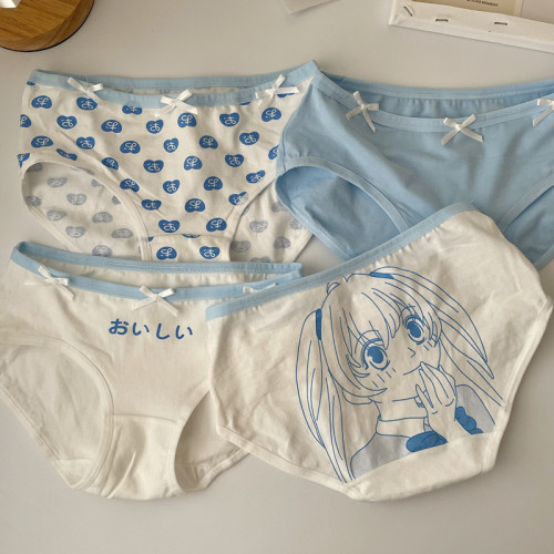 Kawaii Anime Girl Printed with Bowknot Soft Cotton Underwear Light Blue Set