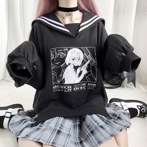 Shooting Game Anime Girl Printed Sailor Collar with Zipper Design Sleeve Long Sleeve Hoodie Harajuku Style Pullovers