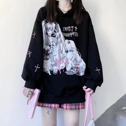 Harajuku Style Anime Girl Printed Sweater Crew Neck Pullover
