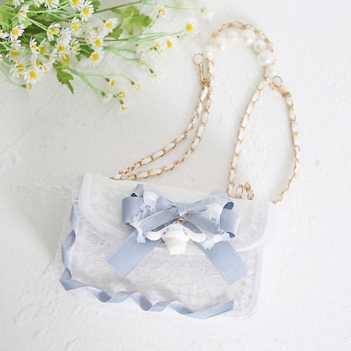 Sweet Girl Cute Cinnamoroll Melody and Kuromi Lace Bowknot Handmade Crossbody Bag with Pearl Chain Handbag