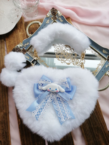 Cute Cinnamoroll Plush Handbag Sweet Girl Heart-shaped Crossbody Bag with Lace Bowknot